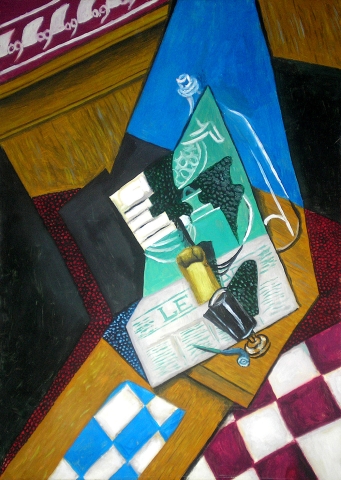 Water bottle, Bottle and Fruit Dish 1m x 70cm Juan Gris-αντίγραφο ζωγραφική Κυριάκος Μαυρίδης