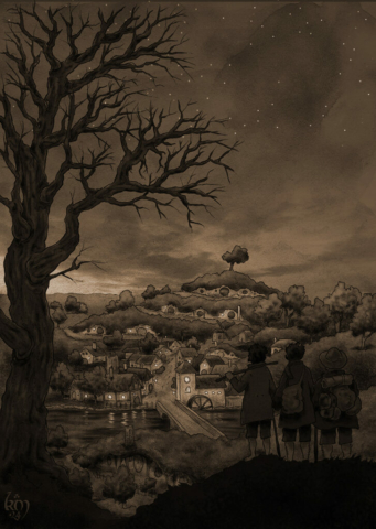 Tolkien illustrations Fellowship of the ring Leaving Hobbiton -sepia