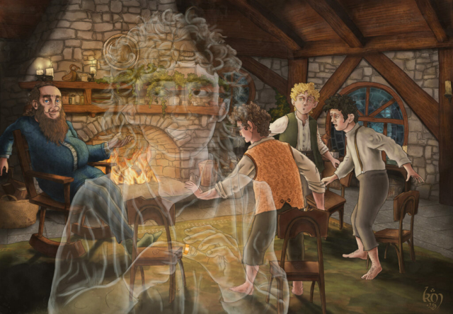 Tolkien illustrations Fellowship of the ring Frodo disappearing in front of Tom Bombadil