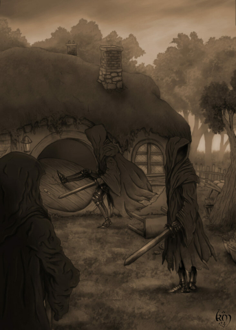 Tolkien illustrations Fellowship of the ring Nazgul at Crickhollow Sepia