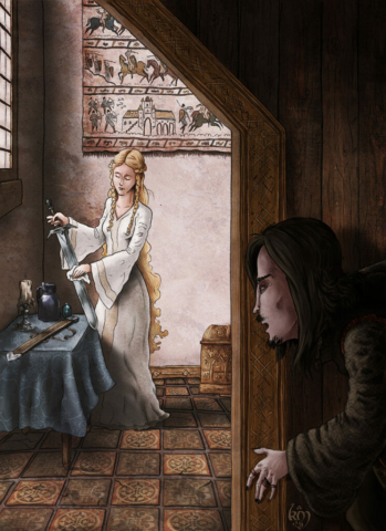 Tolkien The Two Towers Wormtongue spying on Eowyn