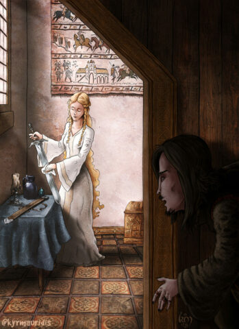 Wormtongue spying on Eowyn Tolkien The Two Towers Wormtongue spying on Eowyn